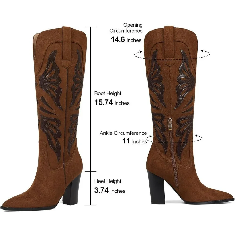 Women's Brown Pointed Toe Chunky High Heels Cowgirl Wide Calf Knee High Boots - Picture 6 of 7